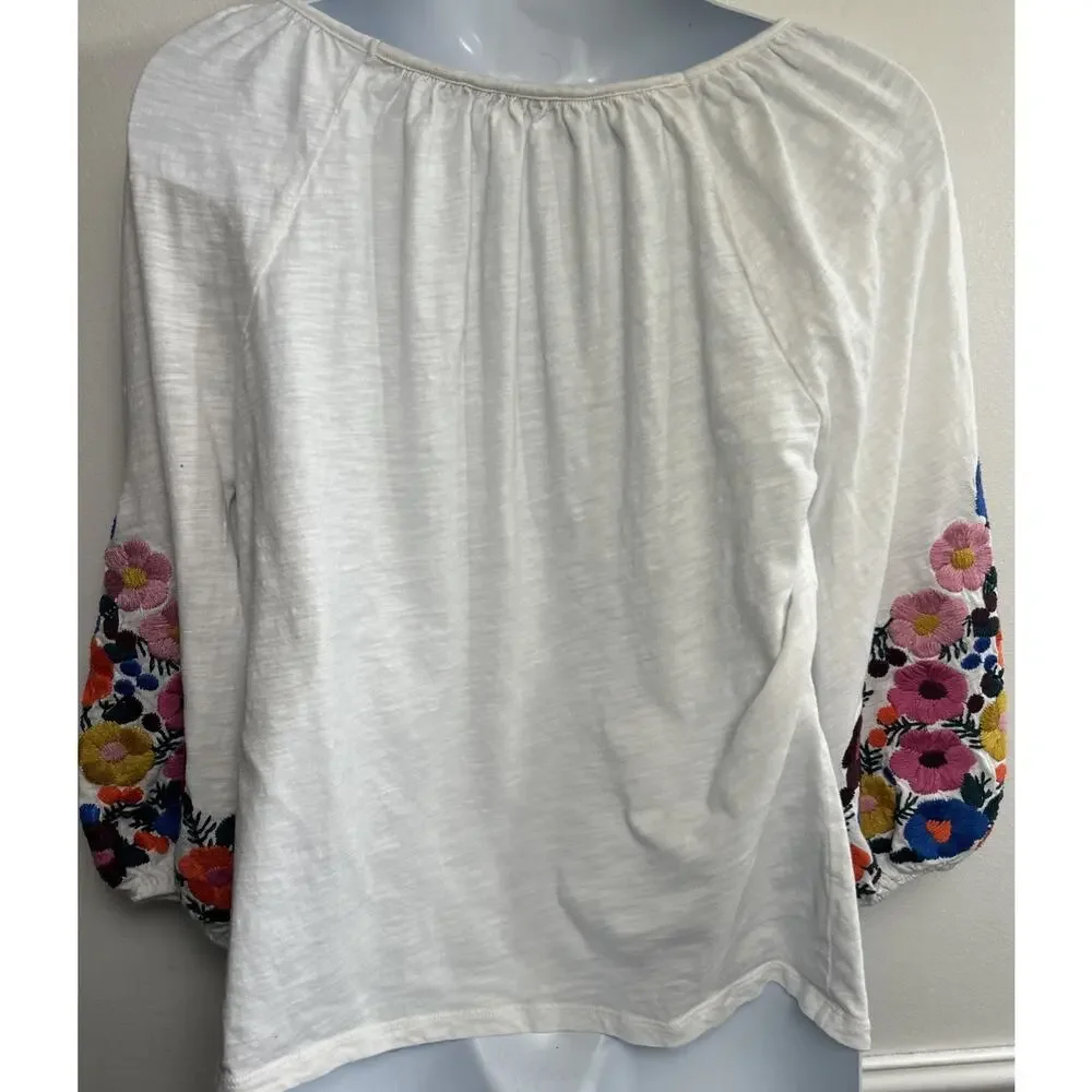 Boden White Cotton Floral Embroidered Puff Sleeve Peasant Top 6 M Boho